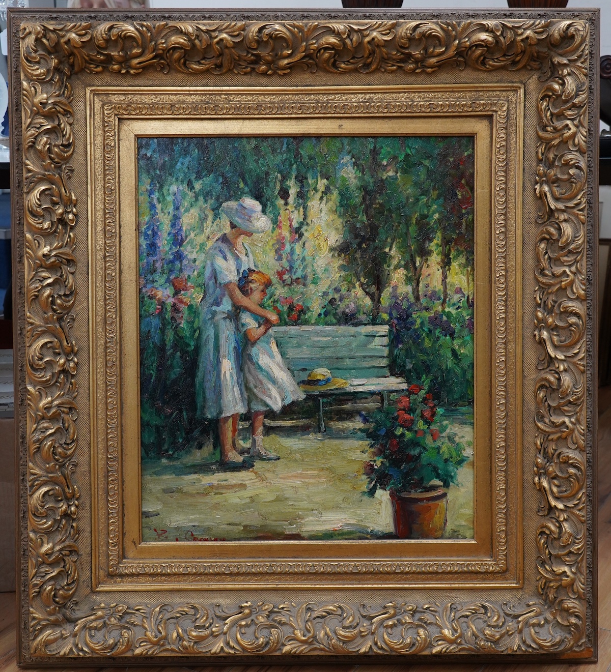 B. Crom?, oil on canvas, possibly over a print, Mother and daughter, signed, 58 x 49cm, ornate gilt frame. Condition - good